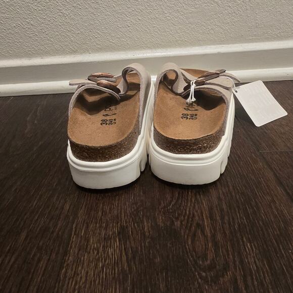 Papillio Birkenstock Arizona Pap Taupe Platform Chunky Slides Sz 38 US 7 Narrow - Picture 4 of 10